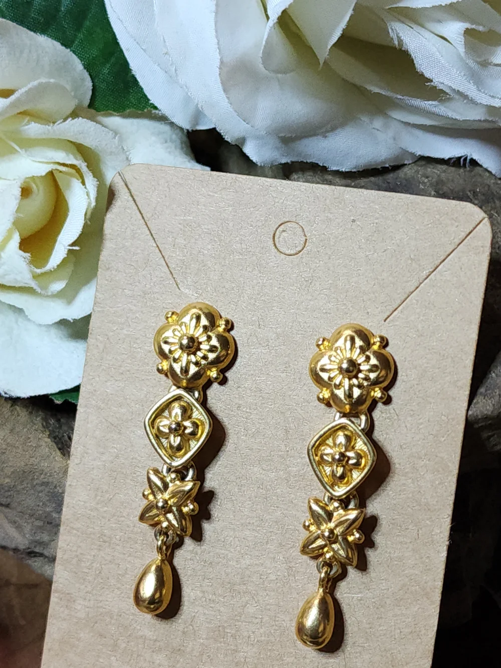 Unique Vintage Gold Floral Drop Earrings - Signed Monet